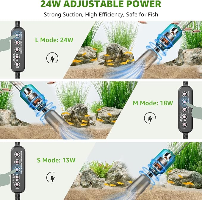 Electric Aquarium Vacuum Gravel Cleaner: 24W Fish Tank Vacuum Gravel Cleaner with Strong Suction for Automatic Water Change Algae Remover Sand Wash Water Shower and Water Circulation, Timed Off