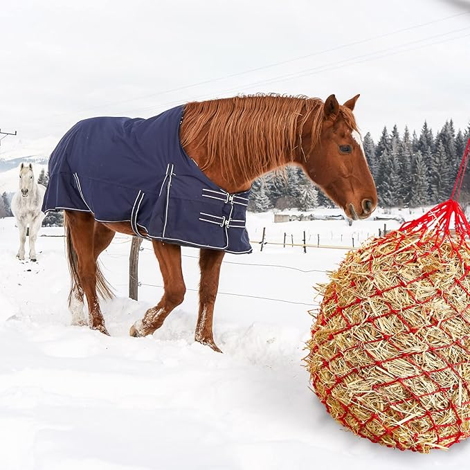 Fabbay 4 Pcs Slow Feed Hay Net Feeder Hay Bag for Horses Slow Feeder 40 Inch Length with 2 Inch Holes Hanging Horse Feed Net for Goat Cattle Equine Stalls Barn Supplies(Red)