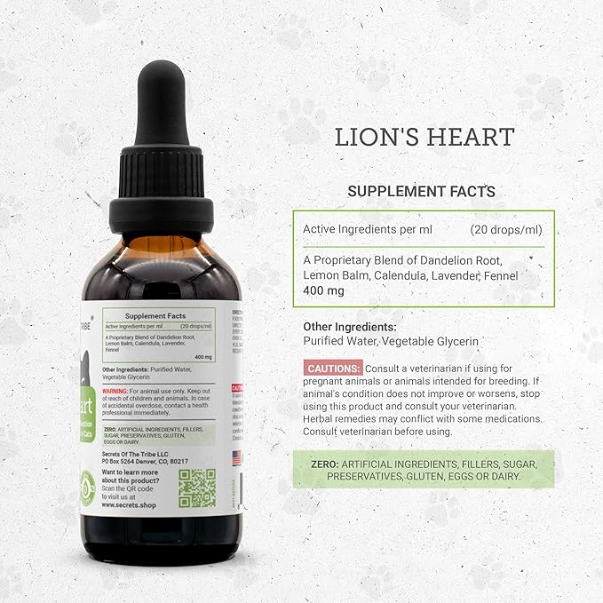 Lion's Heart | Natural Herbal Dietary Supplement for Cats | Healthy Heart Function Support in Cats | Alcohol-Free Extract, Dandelion Root, Lemon Balm, Calendula, Lavender, Fennel 2 oz
