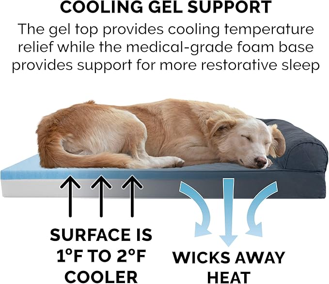 Furhaven Cooling Gel Dog Bed for Large Dogs w/ Removable Bolsters & Washable Cover, For Dogs Up to 125 lbs - Quilted Sofa - Iron Gray, Jumbo Plus/XXL
