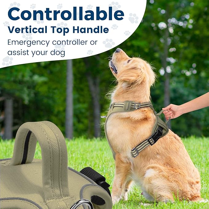 Funfox Dog Harness No Pull, Adjustable Pet Vest Harness, Super Soft Material with Vertical Handle Easy Control, Reflective Night Walking, 2 Leash Clips for Medium Sized Dogs, Army Green, M