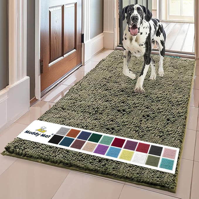 Muddy Mat® Original Dog Door Mat for Muddy Paws, Super Absorbent Microfiber, Non-Slip Washable Pet Rug, Quick Dry Chenille Entryway Carpet, Machine Washable Indoor Outdoor mat, Army Green 35"x60"