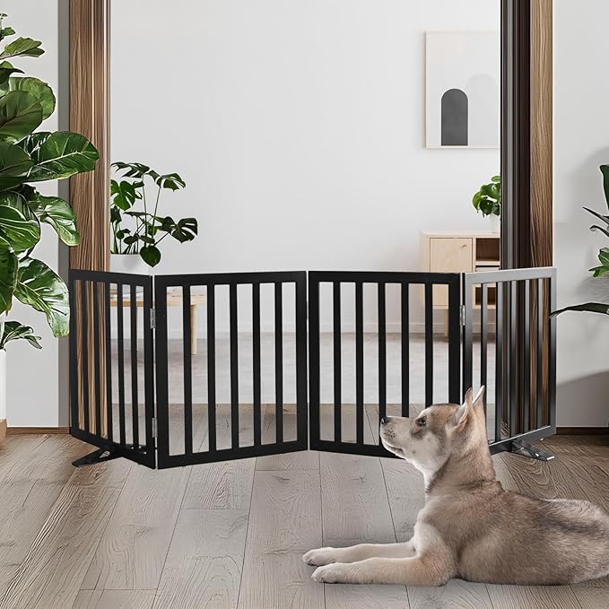 ZJSF Freestanding Indoor Dog Gate for House Foldable Wood Puppy Gate for Doorways Pet Gate for Stairs Extra Wide Pet Fence, Black, 24" Height 4 Panels