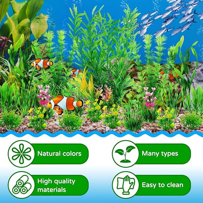 Fish Tank Plants, 20pcs Aquarium Decor Green Plants Artificial Aquarium Decorations Plant, Fish Tank Accessories for Household and Office Aquarium Simulation, Small to Large
