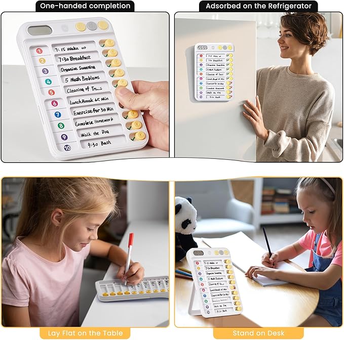 Chore Chart for Kids with Timer, Visual Schedule for Kids, ADHD Tools for Kids, Bedtime/Morning/Daily Routine Chart with 99-Min Countup/Down, Magnetic Checklist Schedule Board with Slider - White