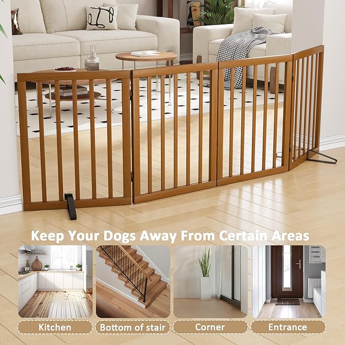 Freestanding Pet Gate Foldable 4 Panel Dog Gate Walnut Dog Gates for Stair Doorways House Indoor (2 Support Feet Included)