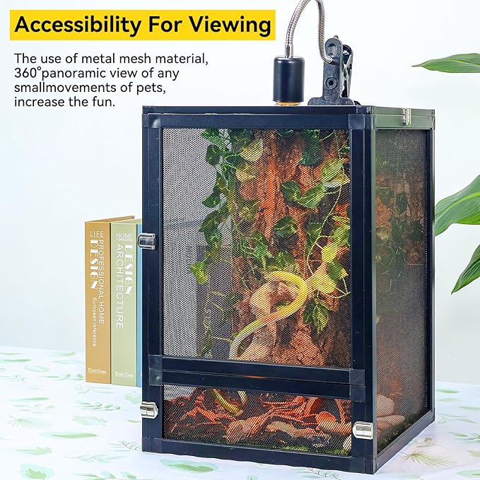 13 Gallon 360° Panoramic Foldable Reptile Terrarium Kit: Crested Gecko Tank and Reptile Cage for Superior Ventilation, Easy Feeding, Sturdiness, and Simple Assembly (Black, 18"x13"x13")