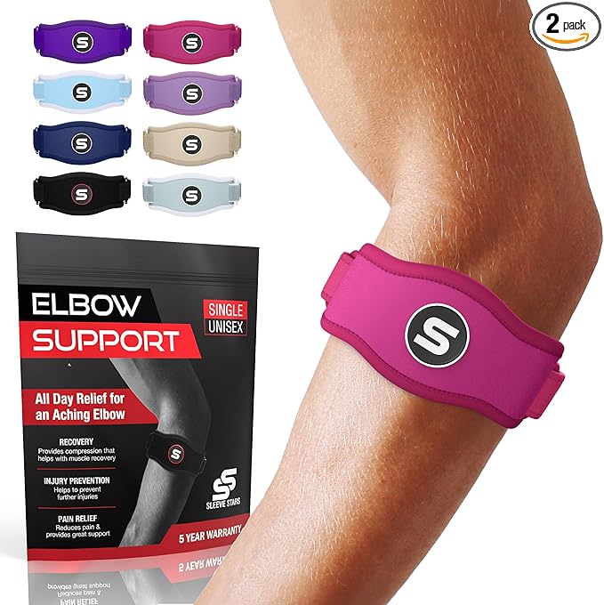 Sleeve Stars Tennis Elbow Brace for Women - Adjustable Tennis Elbow Strap, Golfers Elbow Brace for Men, Counterforce Brace for Tennis Elbow for Tendonitis Relief, Fits 9"-23" (Pair/Hot Pink)