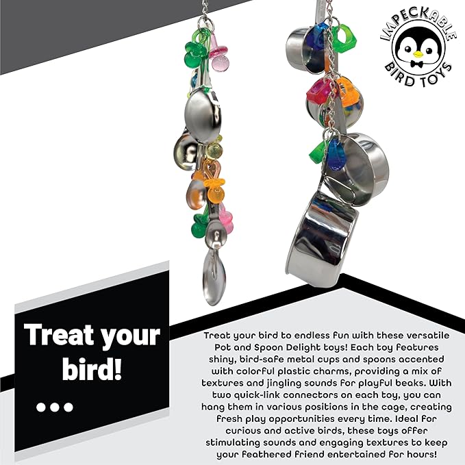 1970 Pk2 Pot and Spoon Delight Features Shiny pots and Spoons with Acrylic Rings and Pacifiers, Handcrafted for African Greys Amazons Macaws