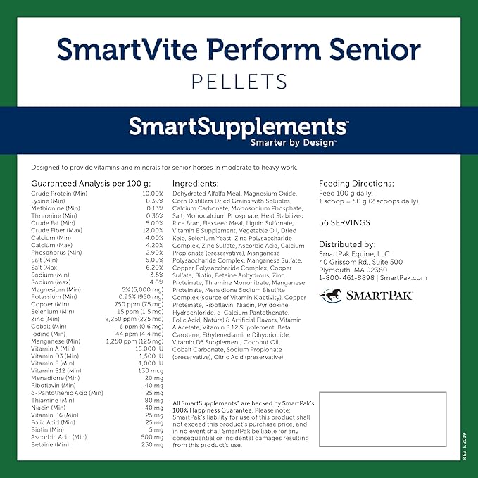 SmartVite Perform Senior Pellets | Vitamin E, Magnesium Supplement for Senior Horses | Includes Vitamin C, B Complex, Manganese, Biotin and More | 56 Servings | 12.5 lb Bucket