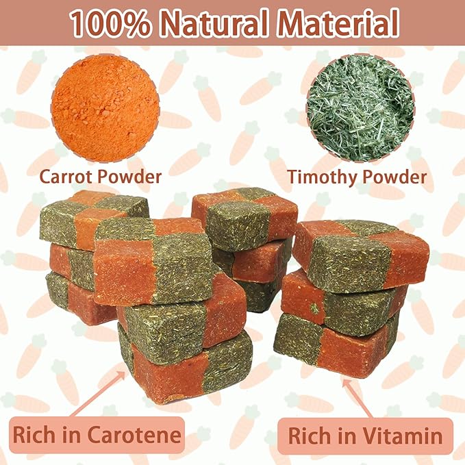Fhiny 12 PCS Rabbit Carrots Chew Toys, Natural Timothy Hay Biscuit Cubes Rabbit Carrot Molar Treats Small Pet Snacks for Bunny Hamster Chinchilla Guinea Pig or Other Small Animals