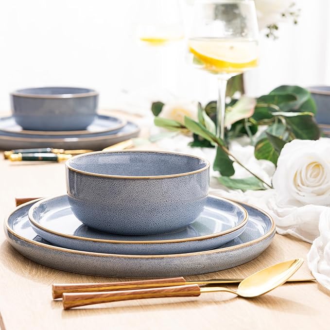 GBHOME Ceramic Dinnerware Sets for 6, 18 Pieces Stoneware Plates and Bowls Sets, Scratch Resistant Dish Sets for Dinner, Dishwasher & Microwave Safe, Brunnera Blue