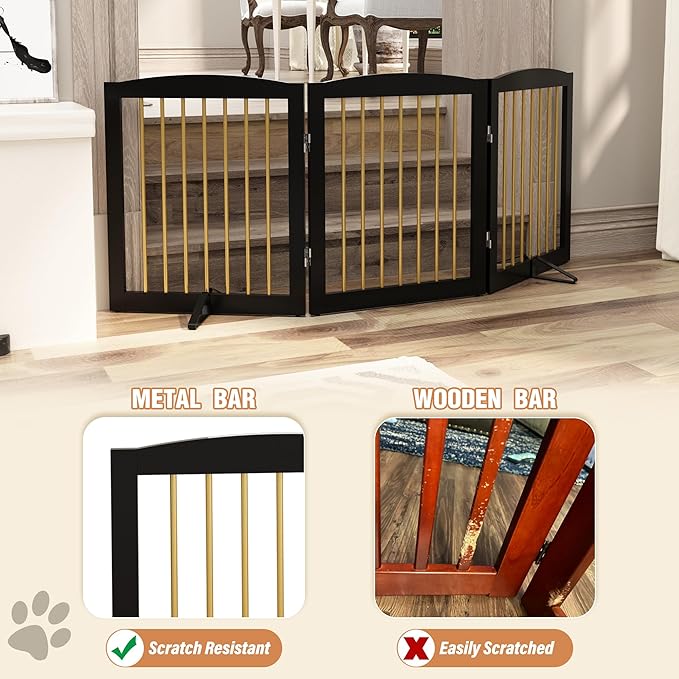 Freestanding Pet Gate for Dogs, Foldable Wooden Dog Gate for House, Indoor Dog Gate for Doorways, Stairs, Step Over Pet Puppy Safety Fence, Support Feet Included,24" Height 3 Panels,Black&Gold