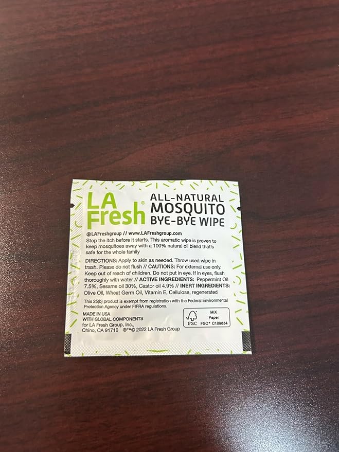 LA Fresh DEET Free Natural Mosquito Repellent Wipes - Long Lasting Bug Repellant - Pack of 50