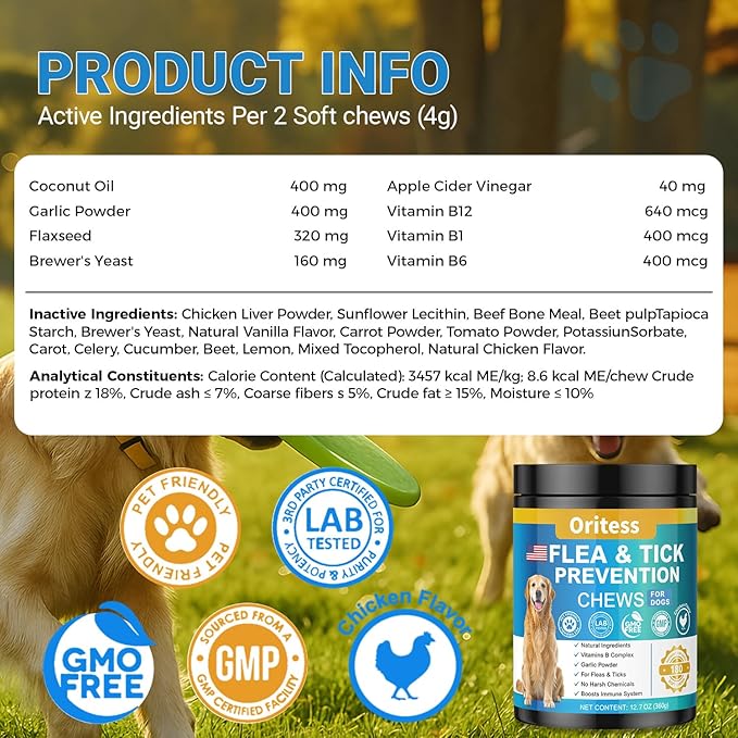 Flea and Tick Prevention for Dogs, 180 Soft Chews Natural Dog Flea and Tick Chewables Oral Flea Supplement for Dogs, Puppy Flea Support - All Breeds & Ages - Chicken Flavor