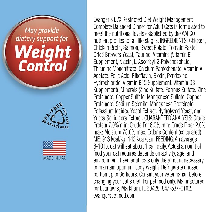 Evanger’s EVX Restricted Diet Weight Management Canned Cat Food – 24 Count, 5.5 oz Cans Each – Chicken, Salmon & Sweet Potato Recipe – Grain Free, Limited Ingredients, Pâté Style