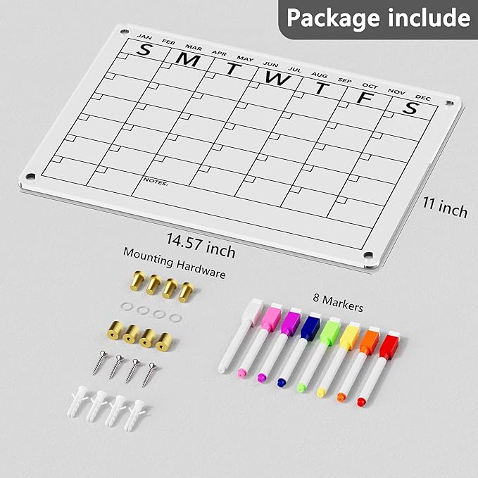 Wall Calendar (Not Magnetic), Clear Acrylic Monthly Planner White Board Dry Erase Whiteboard, w/ 8 Colors Markers, 15"x11"