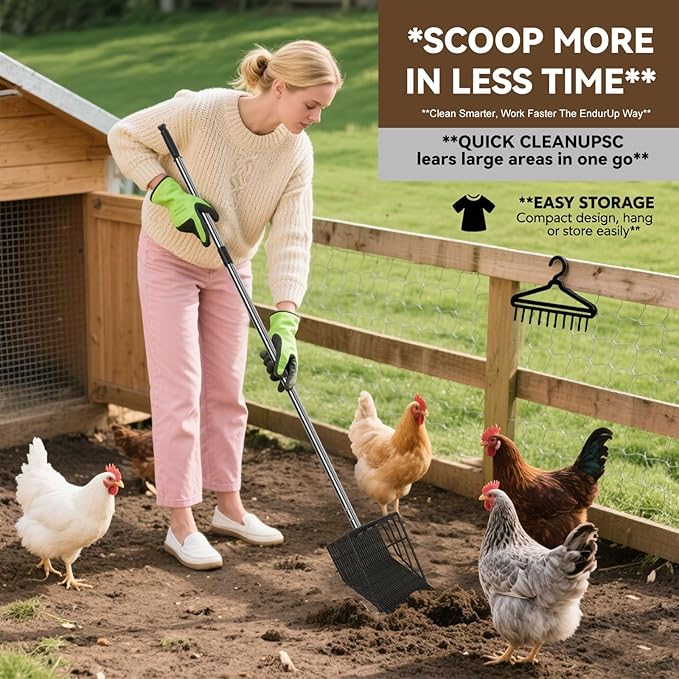 2 in 1 Chicken Poop Scooper Rake , 2 Rakes and 4 Sections Adjustable Stainless Steel Handle 37.4 - 68.9 Inch, Litter Scoop Chicken Coop Scoop for Animal Farm and Poultry Habitats with Gloves