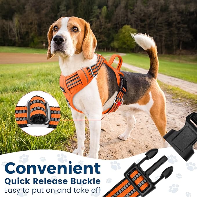 Funfox Dog Harness No Pull, Adjustable Pet Vest Harness, Super Soft Material with Vertical Handle Easy Control, Reflective Night Walking, 2 Leash Clips for Medium Sized Dogs, Orange, M