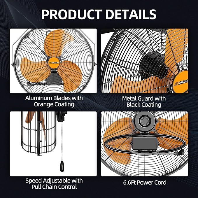 20 Inch Industrial Wall Mount Fan, 4850 CFM High Velocity Metal Wall Fan, 3 Speed, Adjustable Tilt, Commercial Use for Garage, Gym, Covered Patio, Workshop, Greenhouse - UL Listed