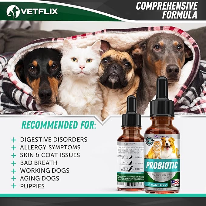 Premium Probiotics for Dogs, Cats - Digestive Enzymes & Prebiotics Supplement - Helps to Relieve Diarrhea, Vomiting, Upset Stomach, Gas, Constipation & Bad Breath - Supports Digestive System - 2 Fl Oz