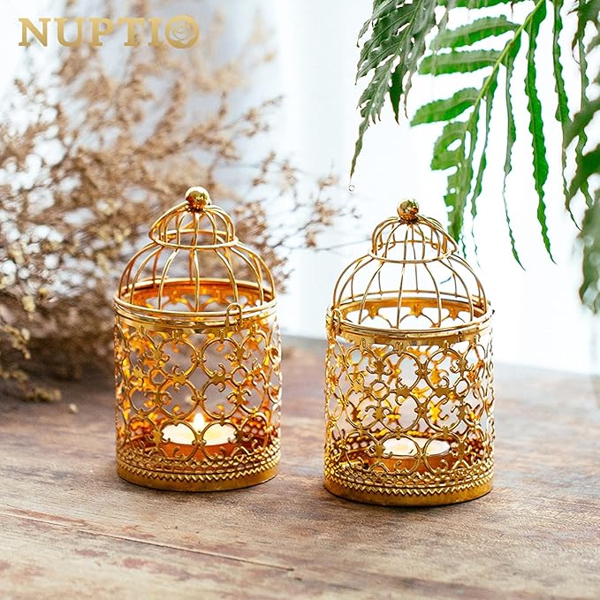 2 Pcs Small Metal Tealight Hanging Birdcage Lantern, Vintage Decorative Centerpieces of Wedding, Party, Gold