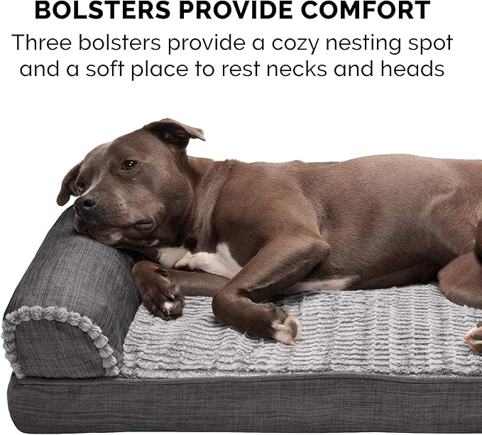 Furhaven Orthopedic Dog Bed for Large Dogs w/ Removable Bolsters & Washable Cover, For Dogs Up to 95 lbs - Luxe Faux Fur & Performance Linen Sofa - Charcoal, Jumbo/XL
