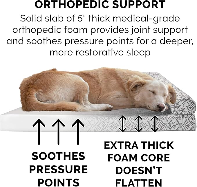 Furhaven Orthopedic Dog Bed for Large Dogs w/ Removable Bolsters & Washable Cover, For Dogs Up to 125 lbs - Plush & Southwest Kilim Woven Decor Sofa - Boulder Gray, Jumbo Plus/XXL