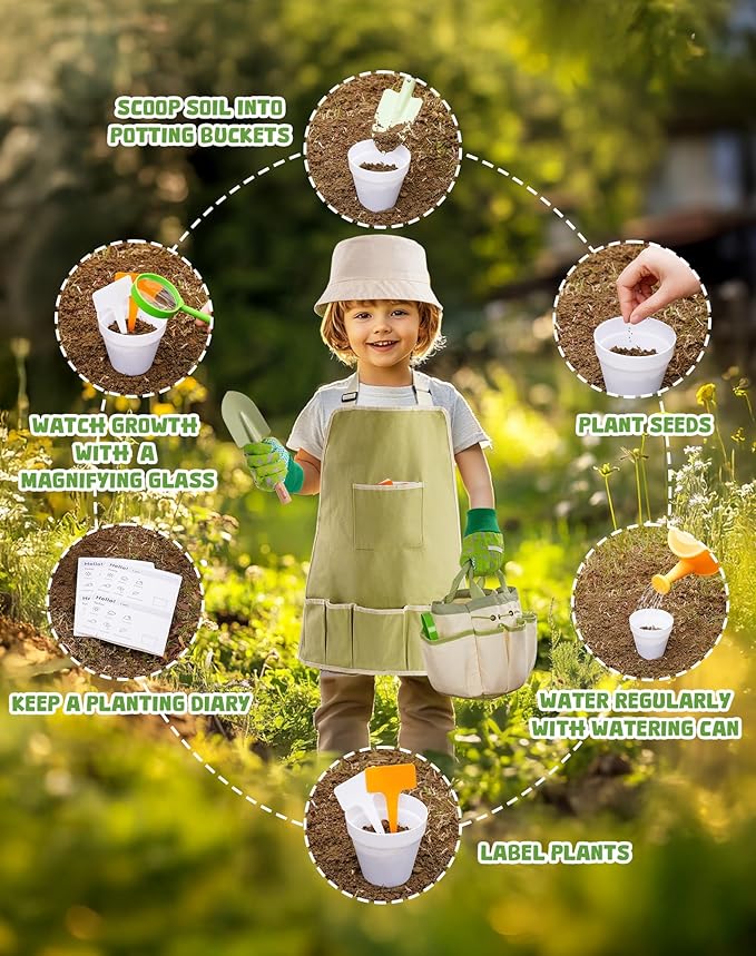 ROBUD Kid Gardening Set, Wooden Garden Tool for Kid, Garden Tool Kit with Tool Storage Bag, Apron, Gloves, Montessori Toys for Kids to be Closed to Nature, WRP25
