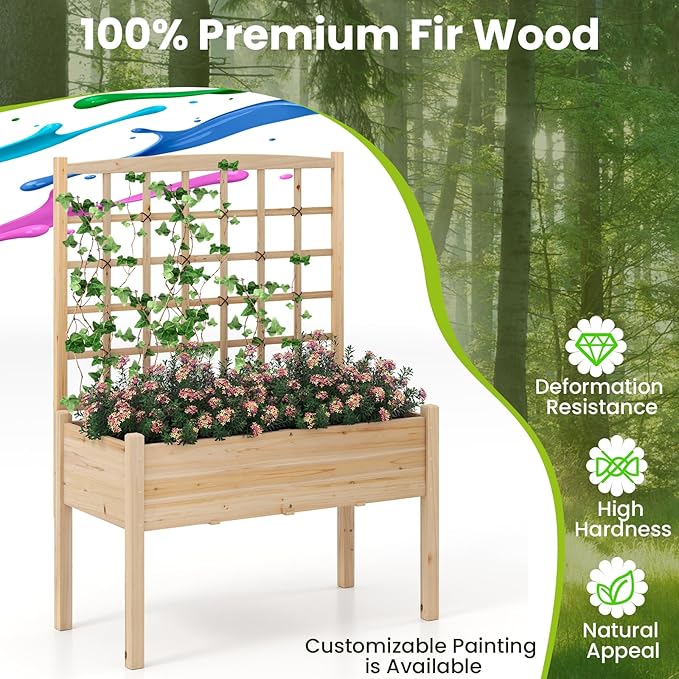Giantex Raised Garden Bed with Trellis, Wooden Elevated Planter Box with Legs, Drainage Holes for Climbing Plants Vines Vegetables Flowers Herbs, Outdoor Horticulture Planter for Patio Yard (Natural)