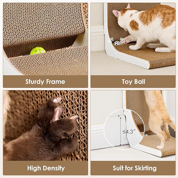 EHEYCIGA Cardboard Cat Scratcher for Indoor Cats, 32 Inch L Shaped Vertical Cat Scratching Board with Ball Cat Toy, Extra Large Cat Scratcher Pad, White