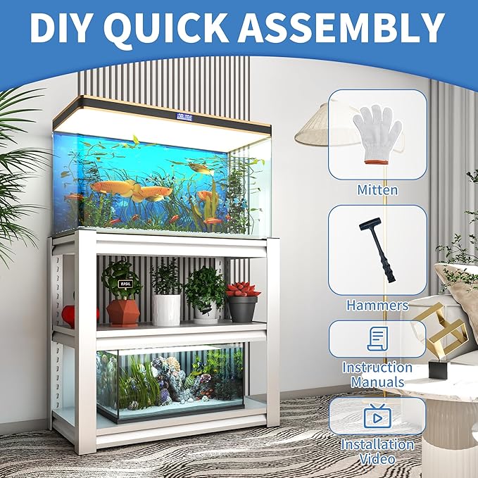 Fish Tank Stand White,3-tier Rack Shelf heavy duty Metal Frame Aquarium Stand 20 Gallon,Reptile Terrarium Stand for 30 Gallon Long Aquarium,Reptile Tank Stand,Breeder Tank Stand,31.5"*18"*34"