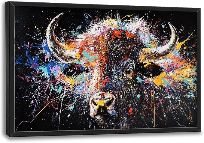 Framed Large Bison Buffalo Wall Art for Living Room, Oversized Graffiti Yak Cow Wall Decor Banksy Bull Canvas Painting Animal Pictures Modern Artwork for Living Room Bedroom Office 36"x24"