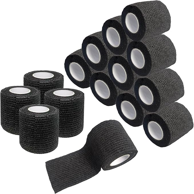 Self Adhesive Tape Wrap 15Rolls,Non-Woven Self Adherent Vet Wrap Tape,5CM x 4.5M Cohesive Bandage Tape for Wrist & Ankle,Elastic Grip Cover (Black-15ROLLS)