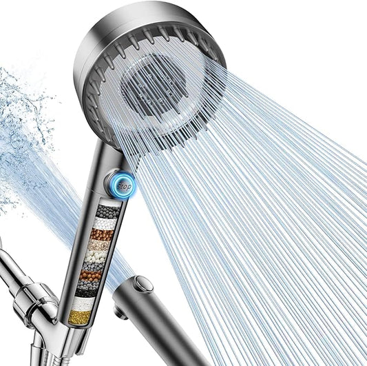 Filtered Shower Head with Handheld, High Pressure 4 Spray Mode Showerhead with Filters, Water Softener Filter Beads for Hard Water with ON/OFF Switch for Pets - Remove Chlorine (Gray)