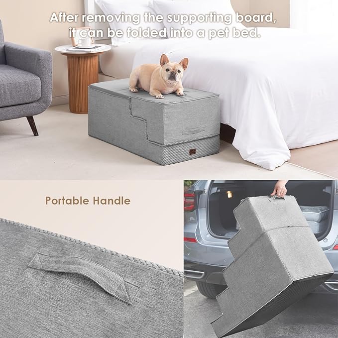 EHEYCIGA Dog Stairs for High Bed 25" H, 5-Step Extra Wide Dog Steps for Bed, Pet Steps for Small Dogs and Cats, Non-Slip Balanced Pet Ramp Indoor, Light Grey
