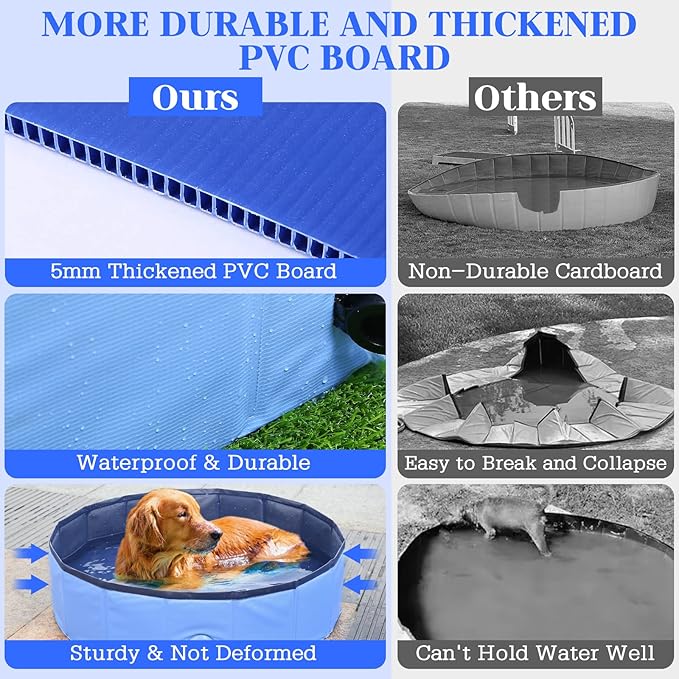 Foldable Dog Bath Swimming Pool Plastic Kiddie Pool Professional Tub Collapsible Grooming Bathtub for Pets Kids Baby and Toddler, 63 x 12 Inches Blue