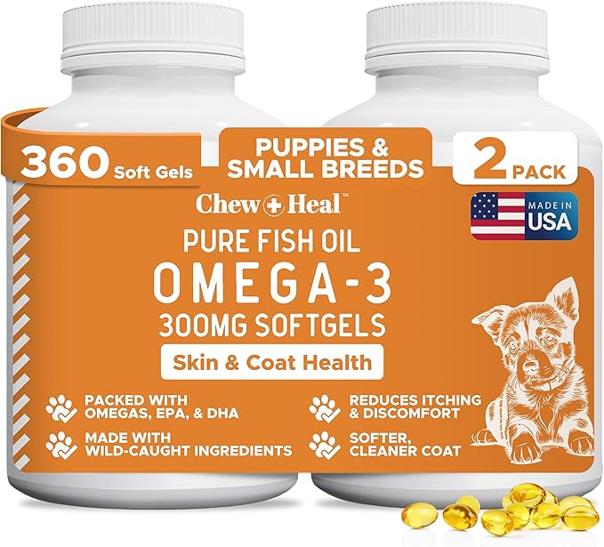 Wild Caught Omega 3 Fish Oil for Dogs - 300mg Mini Softgel Capsules for Healthy Skin and Coat - 360 Dog Fish Oil Pills for Shedding, Dry Itching Skin, and Hot Spots (2 Packs of 180)