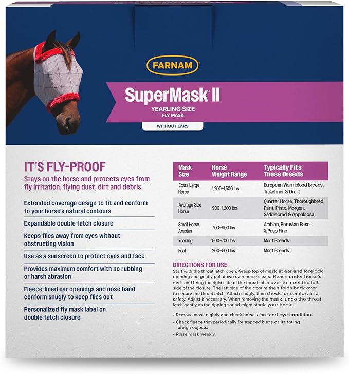Farnam SuperMask II horse fly mask without ears, extended coverage, protects eyes from insects and debris, adjustable throat latch, Yearling size