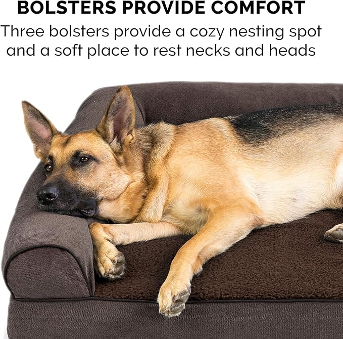 Furhaven Orthopedic Dog Bed for Large Dogs w/ Removable Bolsters & Washable Cover, For Dogs Up to 95 lbs - Sherpa & Chenille Sofa - Coffee, Jumbo/XL