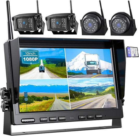 Fookoo HD 10" Wireless Backup Camera System, 1080P 10-inch Quad Split Monitor w/Recording, Waterproof Side & Rear View Cameras, 4 Channel, Digital Signal, Parking Lines for RV/Truck/Trailer
