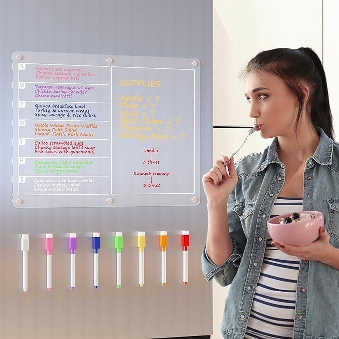 Acrylic Magnetic Dry Erase Board for Fridge, Clear Whiteboard for Refrigerator, Notepad Memo to Do/Grocery List White Board, w/ 8 Colors Markers, 15 x 11