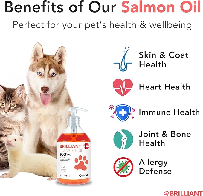 Brilliant Omega 3 Salmon Oil for Dogs & Cats - Norwegian Fish Oil Supplement with EPA & DHA Fatty Acids for Shedding, Allergy, Itching, Dry Skin & Joint Health - Skin and Coat Fish Oil Liquid, 40 Oz