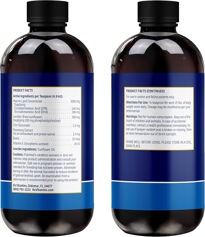 Rx Vitamins Ultra EFA Omega 3 Fish Oil for Dogs & Cats - Promotes Heart, Brain, and Joint Health with Vitamin E, Biotin, and Zinc - Liquid Fish Oil for Itch Relief, Dog Shedding, Coat Health - 8 oz
