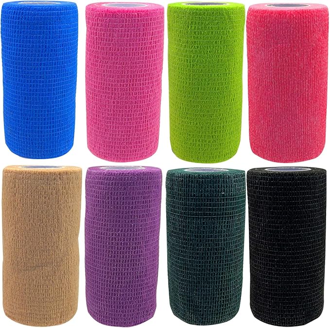 Self Adhesive Tape Wrap 8 Rolls,Non-Woven Self Adherent Vet Wrap Tape,10CM x 4.5M Cohesive Bandage Tape for Wrist & Ankle,Elastic Grip Cover (8colors-8Rolls(4inches))
