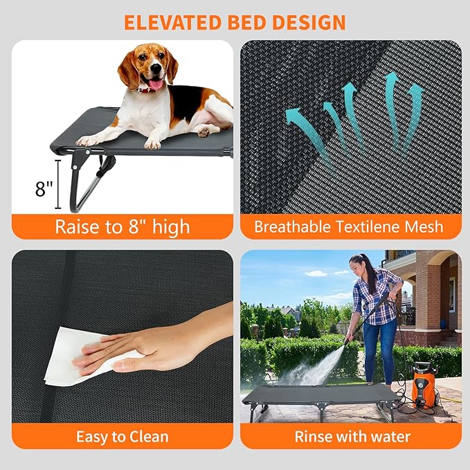 Elevated Dog Bed for Large Pet with No-Slip Feet, Foldable Portable Washable Raised Bed for Indoor&Outdoor Camping Dog Cot, with Cooling Waterproof Breathable Mesh (Medium, Black-Textilene)
