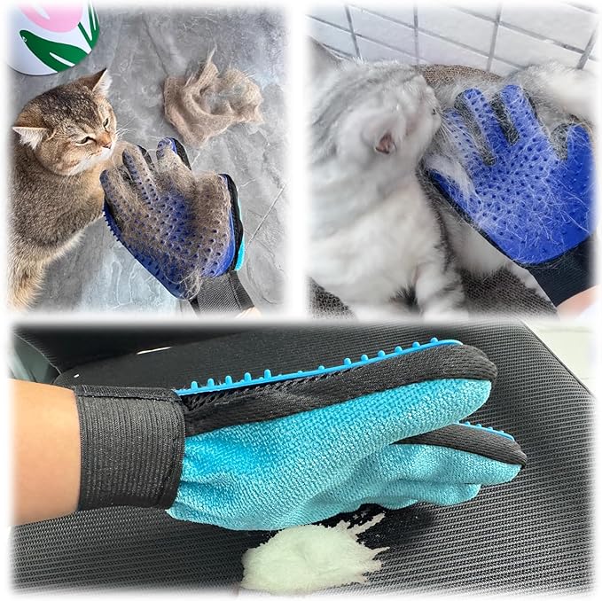 2 in 1 Cat Grooming Glove, Double-Sided Use Pet Hair Remover Glove, 1 Side is Gentle Grooming for Dogs, Cats, the Other is Effective Hair Remover for Furniture, Clothing (Light Blue, Right-Hand)