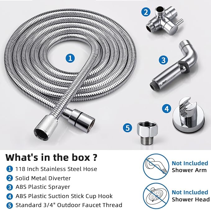 G-Promise Dog Shower Sprayer Attachment for Fast and Clean Pet Showering, Multifunctional Shower, Metal Diverter, 118 Inch Extra Long Hose, No Drill Hook, Dog Washing-Bathroom (Chrome)