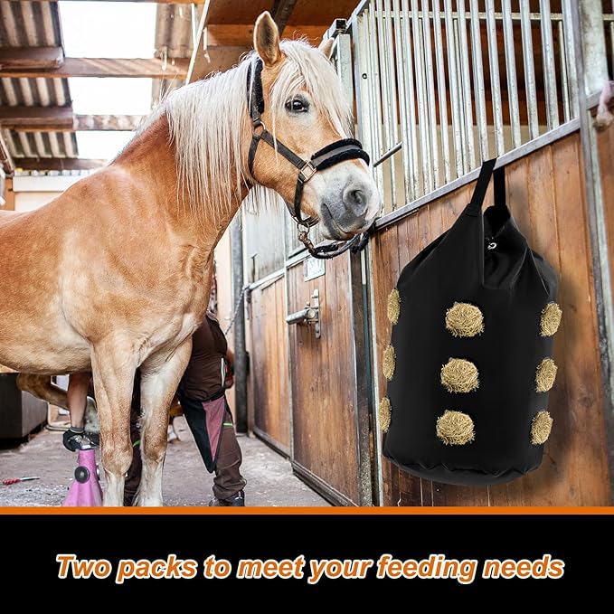 2 Pcs hay Bags for Horses Goats Slow Feed 1680D Oxford Bag Black Large Capacity Net Open Feed Hole Hay Holder for Horse Goats Sheep(15 Holes)