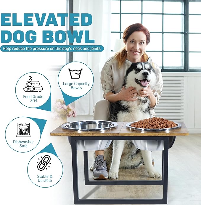 Elevated Dog Bowls for Large & Extra Large Breed Dogs - Raised Dog Feeding Station with Two Stainless Steel Bowls - Helps to Reduce Strain on Dog’s Neck & Joints - 3500 ML Capacity